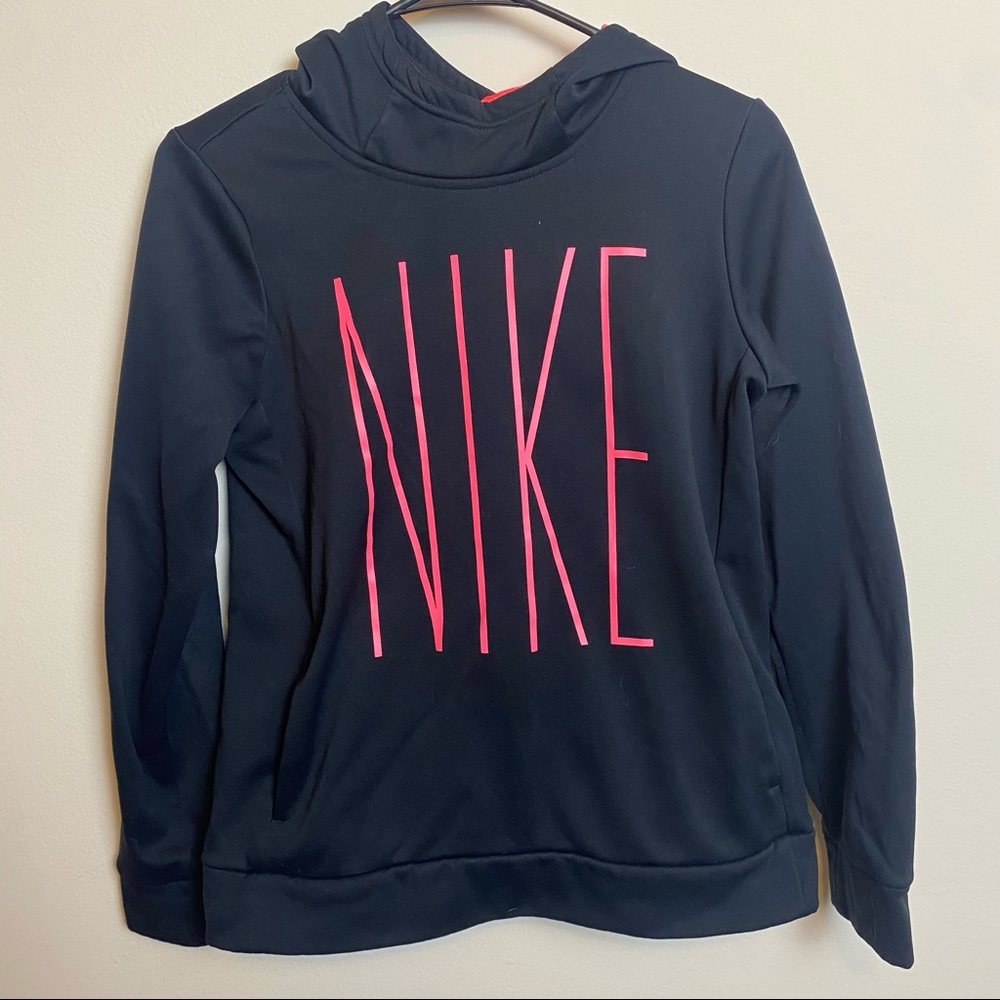 Nike hoodie black with pink writing kids XL
